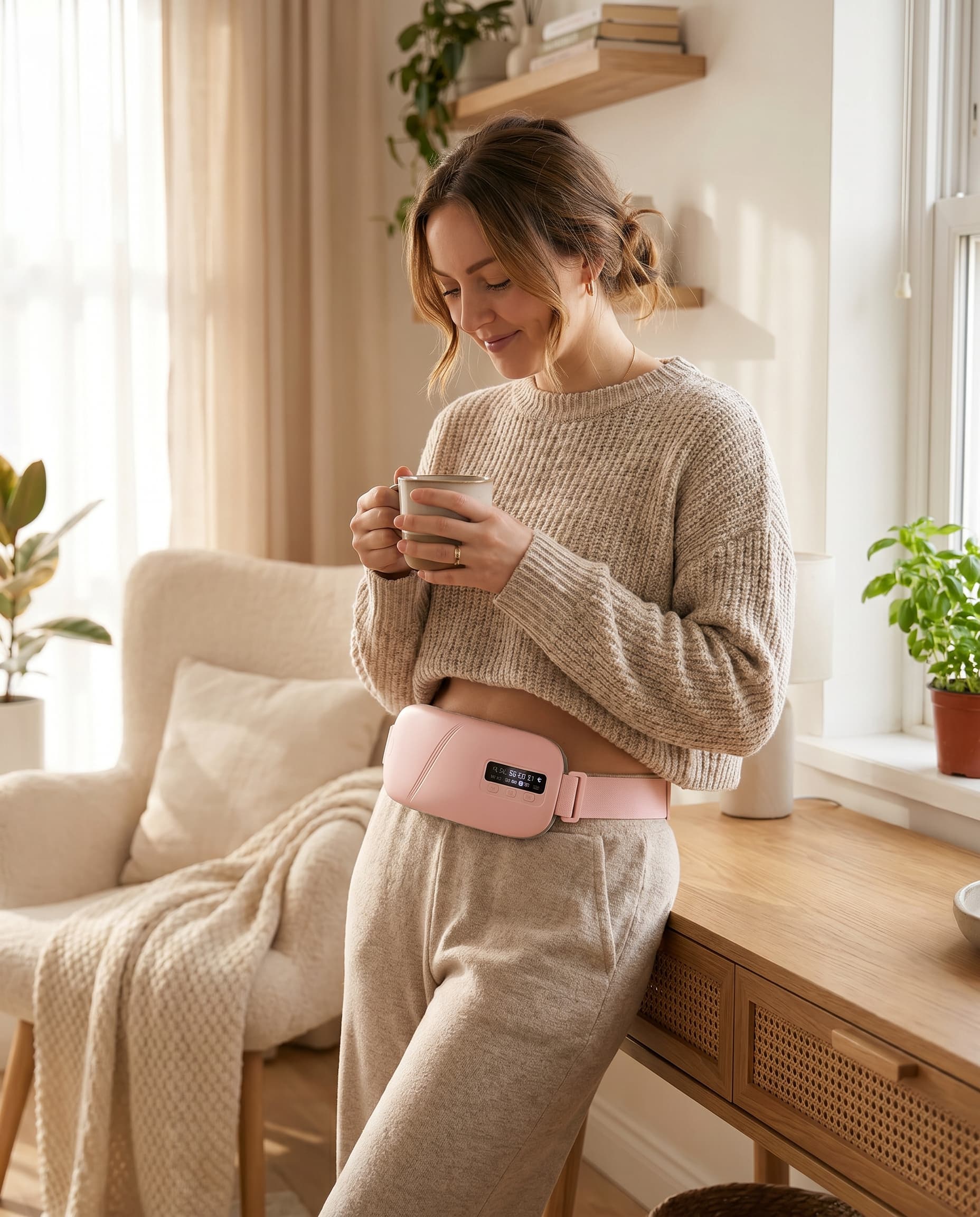 Woman in a cozy living room holding a mug, wearing a pink waist pouch.
