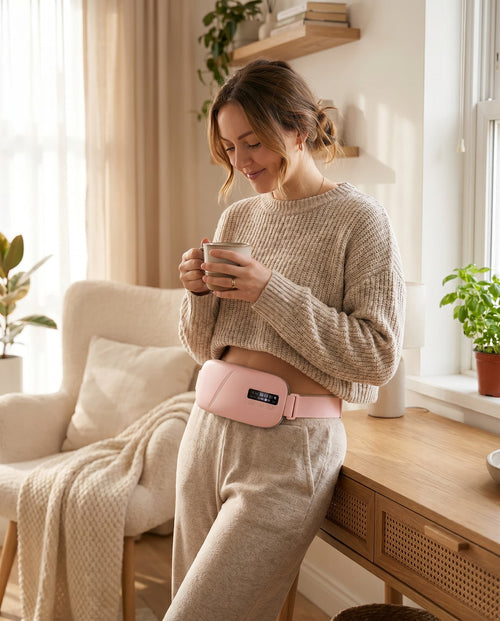 Woman in a cozy living room holding a mug, wearing a pink waist pouch.