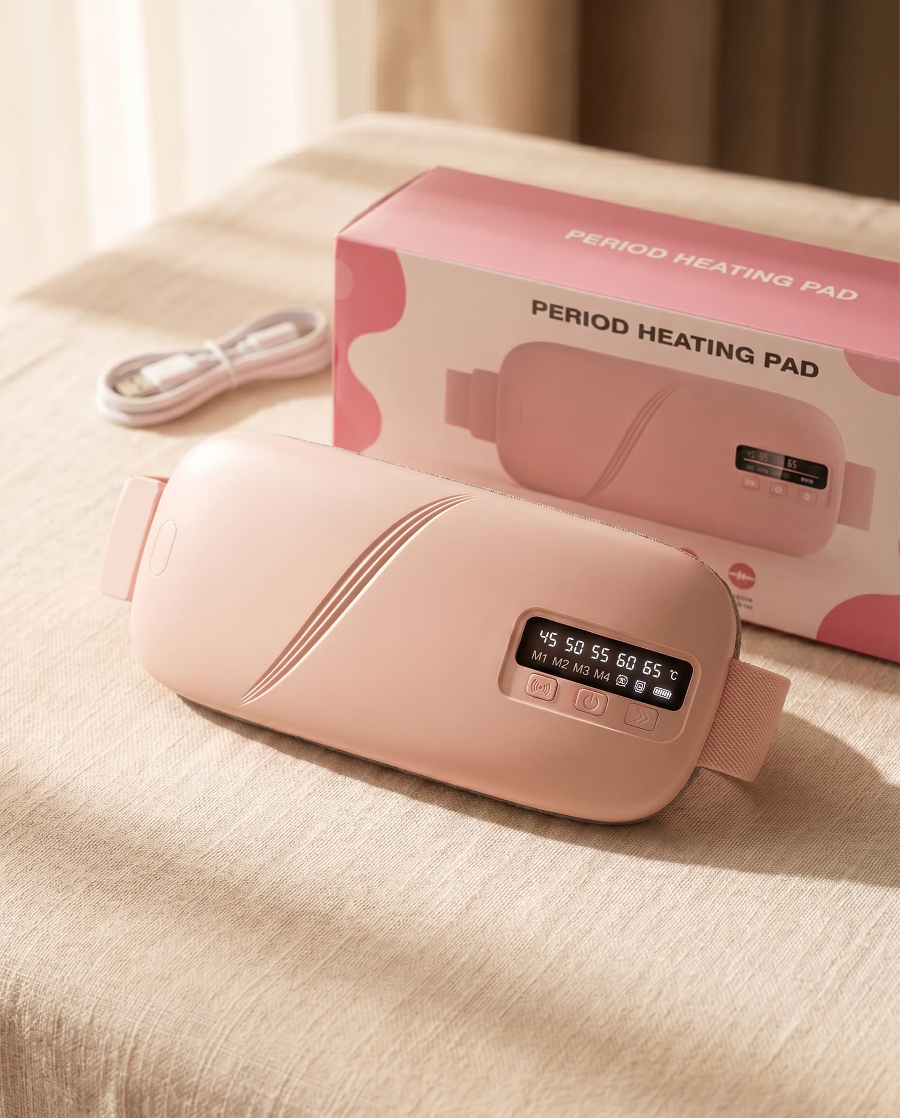 Pink period Avaleira heating pad with digital display on a beige surface, next to its packaging.