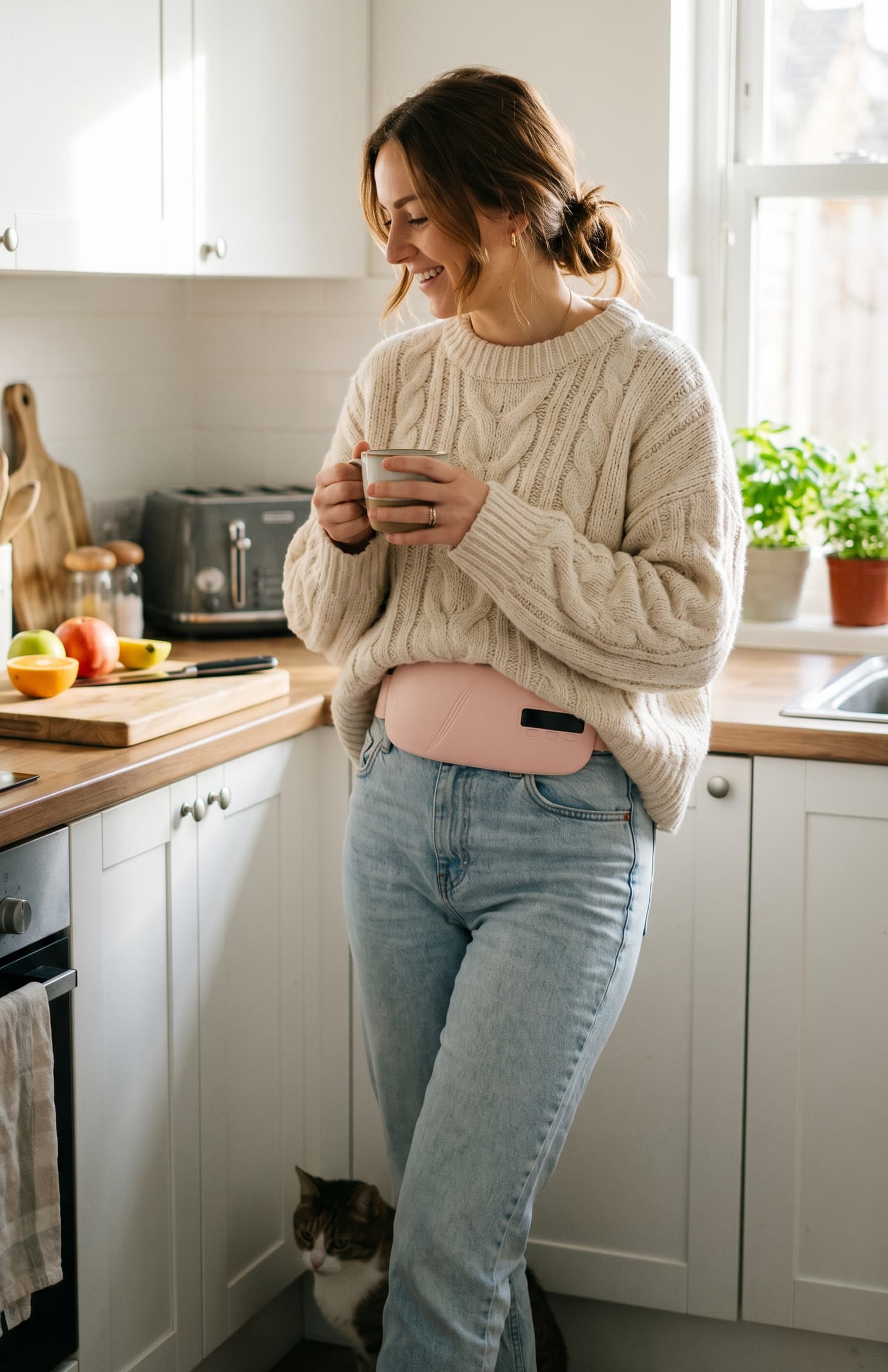 Woman wearing the avaleria heating pad in the kitchen while drinking from a mug